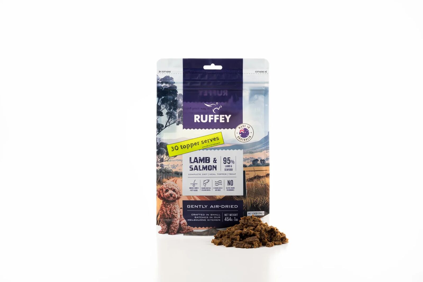 Ruffey Air-Dried Australian Dog Food & Meal Topper - Lamb & Salmon 454g - Natural, Healthy Food for Dogs