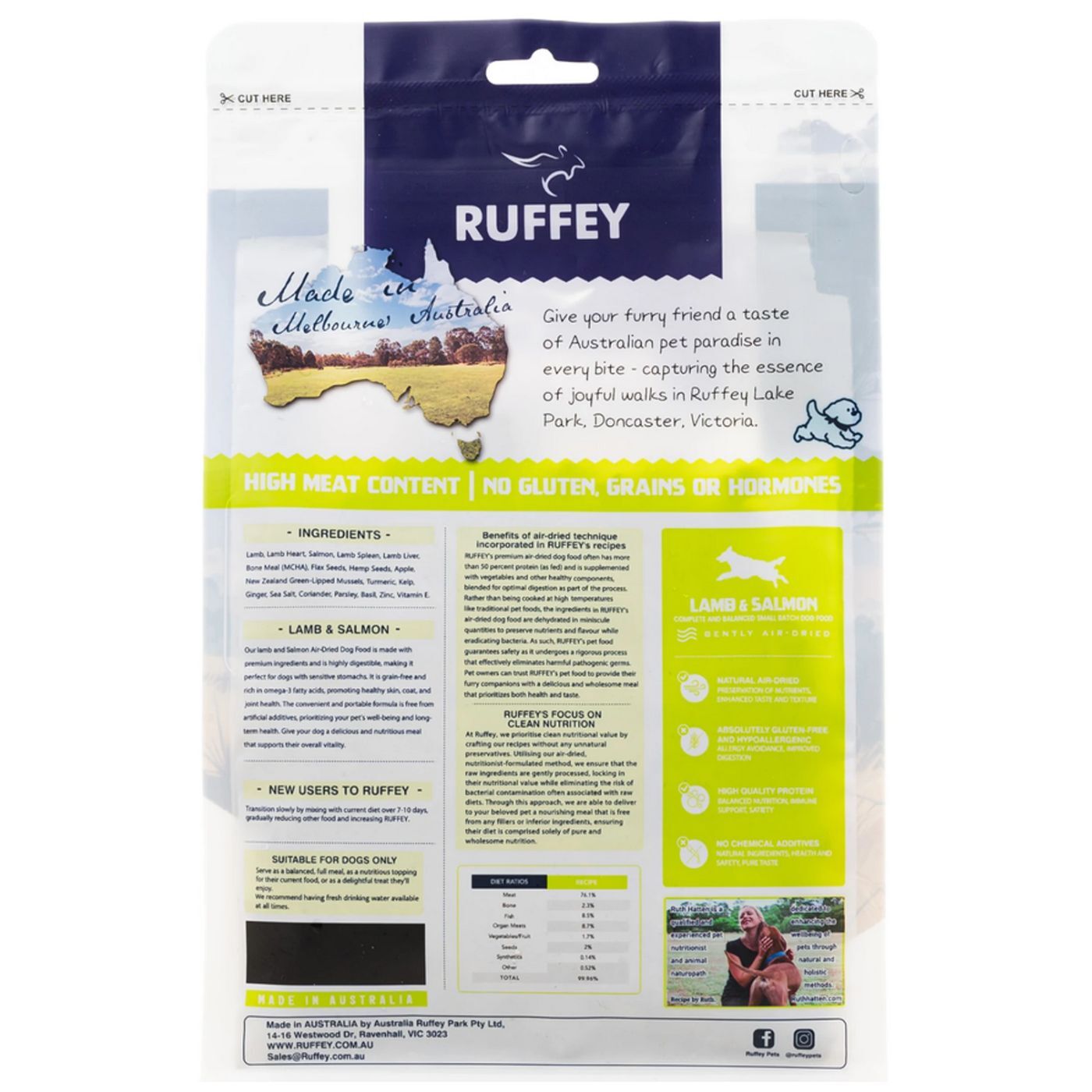 Ruffey Air-Dried Australian Dog Food & Meal Topper - Lamb & Salmon 454g - Natural, Healthy Food for Dogs