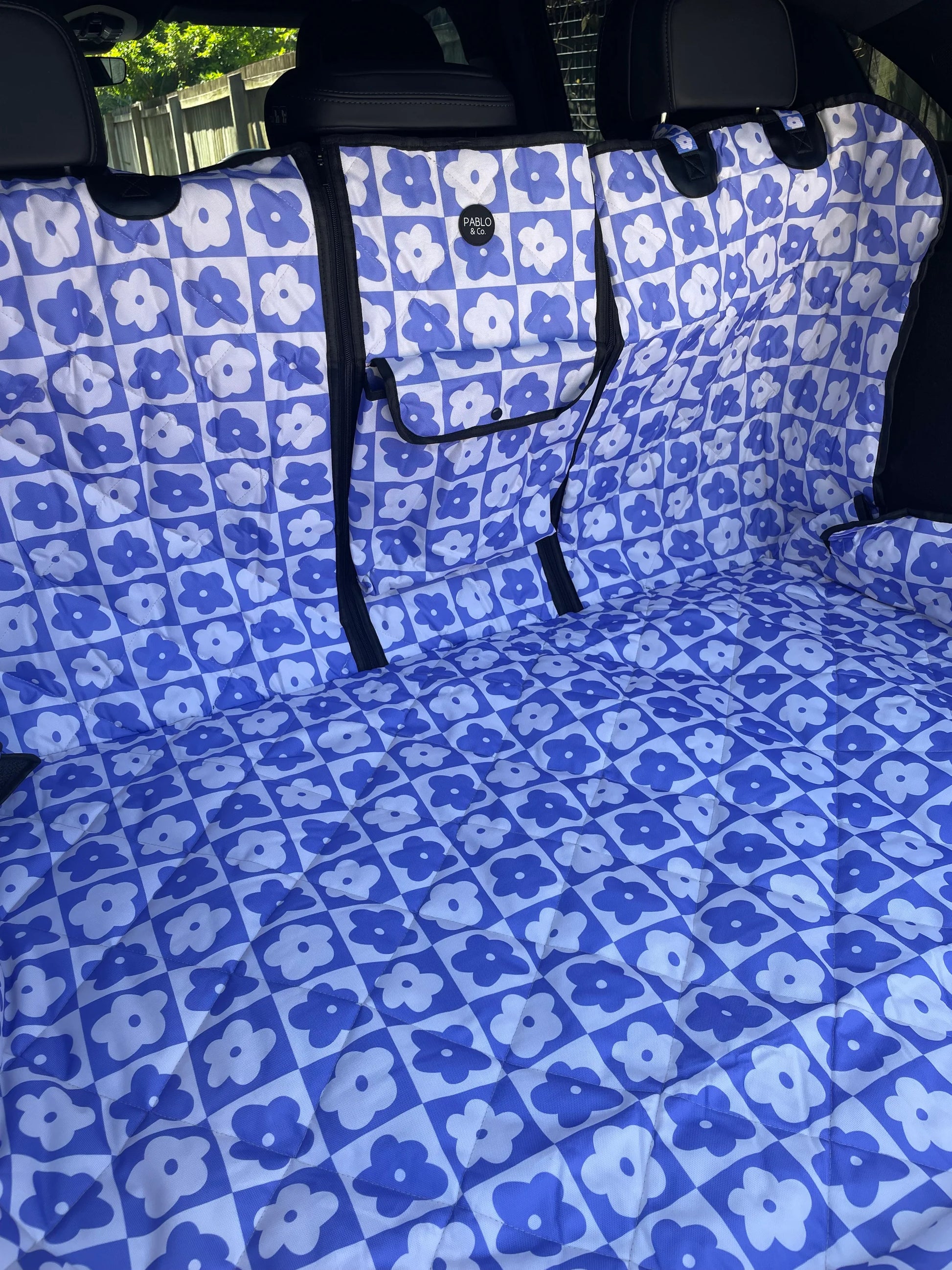 Blue Checkered Daisies: Deluxe Car Boot Cover